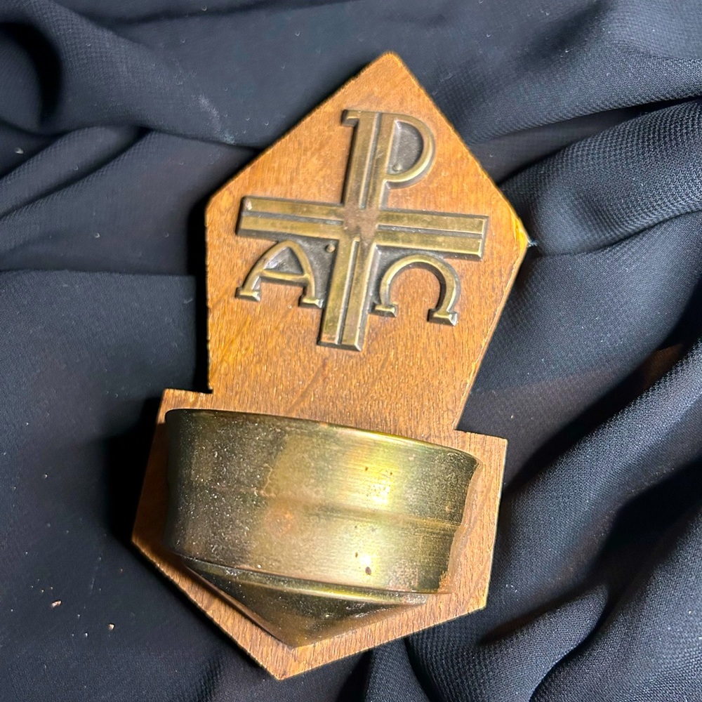 VTG Brass and Wood Holy Water vessel, missing back hook and glass holder.